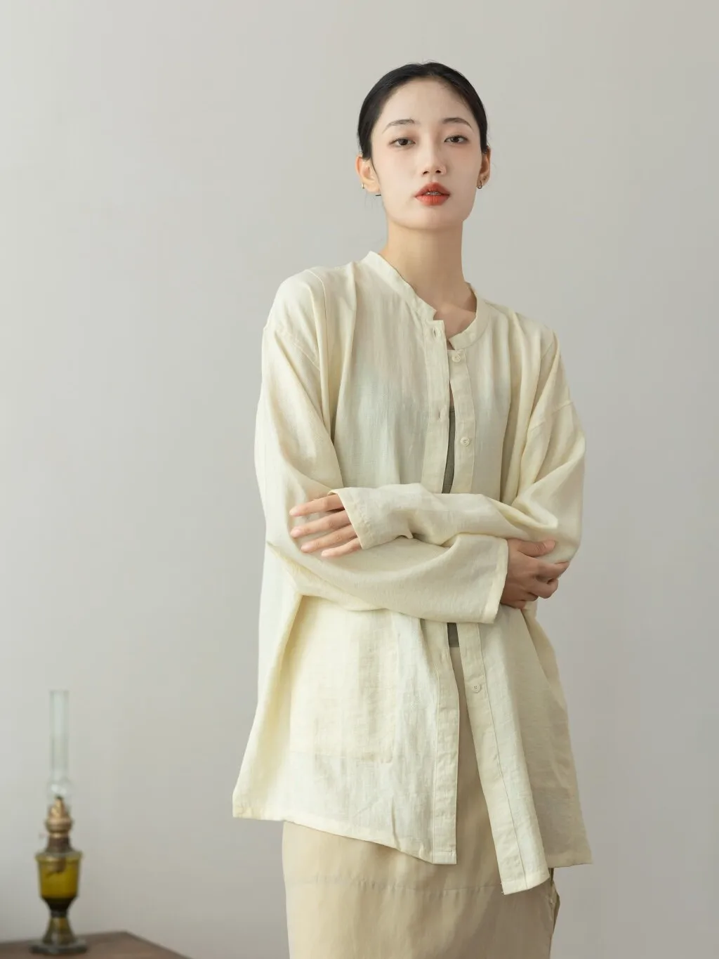 

Healing Sensation Long Sve irt Soft Single Button Stand Collar Commute Sle Regular Fit Pure Color Fem irt