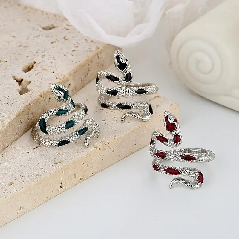Fashion Red Green Black Drop Glaze Punk Snake Rings for Women Men Retro Silver Color Open Adjustable Finger Ring Gift Anillos