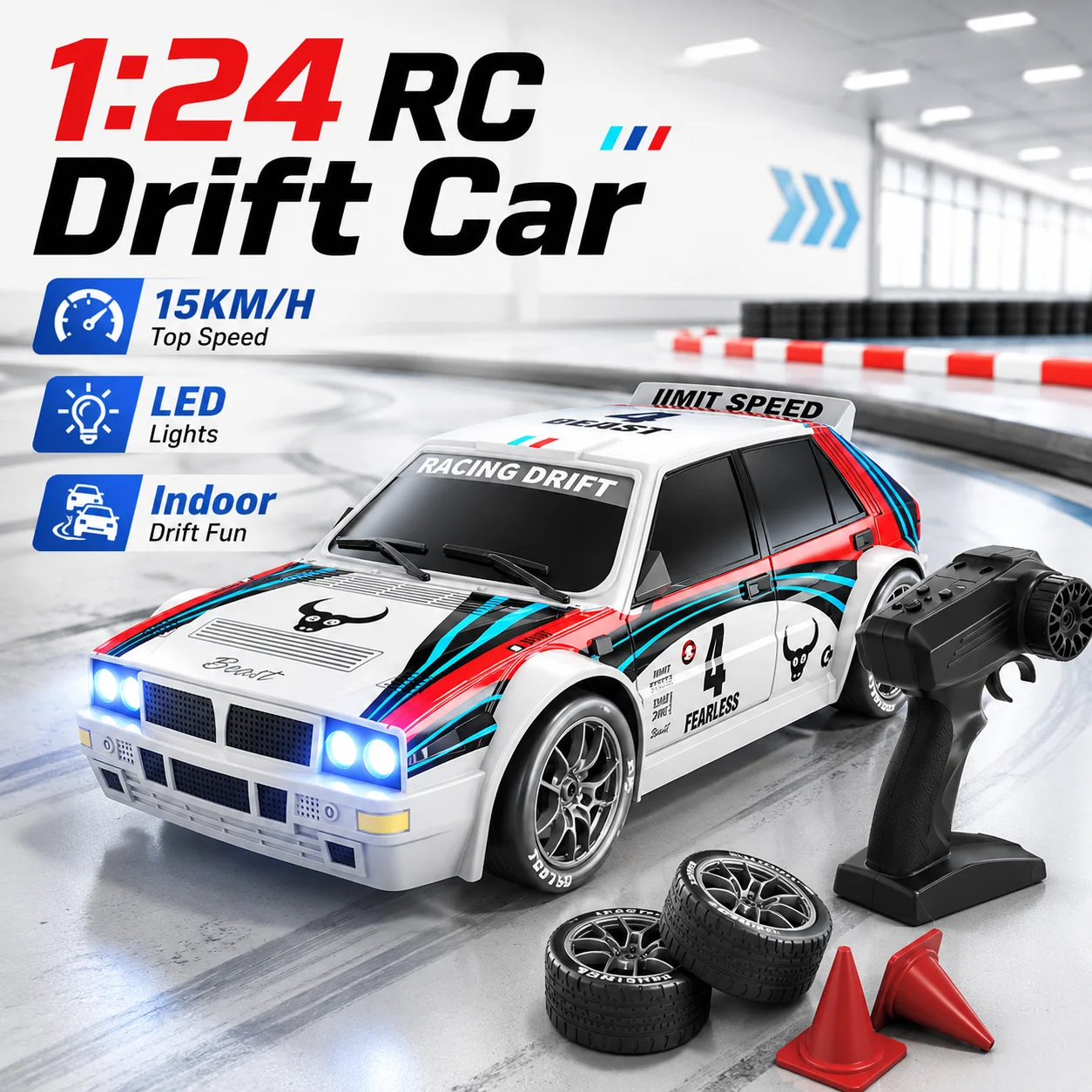 ZNLYRION RC Drifting Race Car 1:24 Scale 4 Wheel Drive 20km/h Adjustable High/Low Speed With Spare Drift Tires LED Headlight Taillight RC Toy For Boys Adult