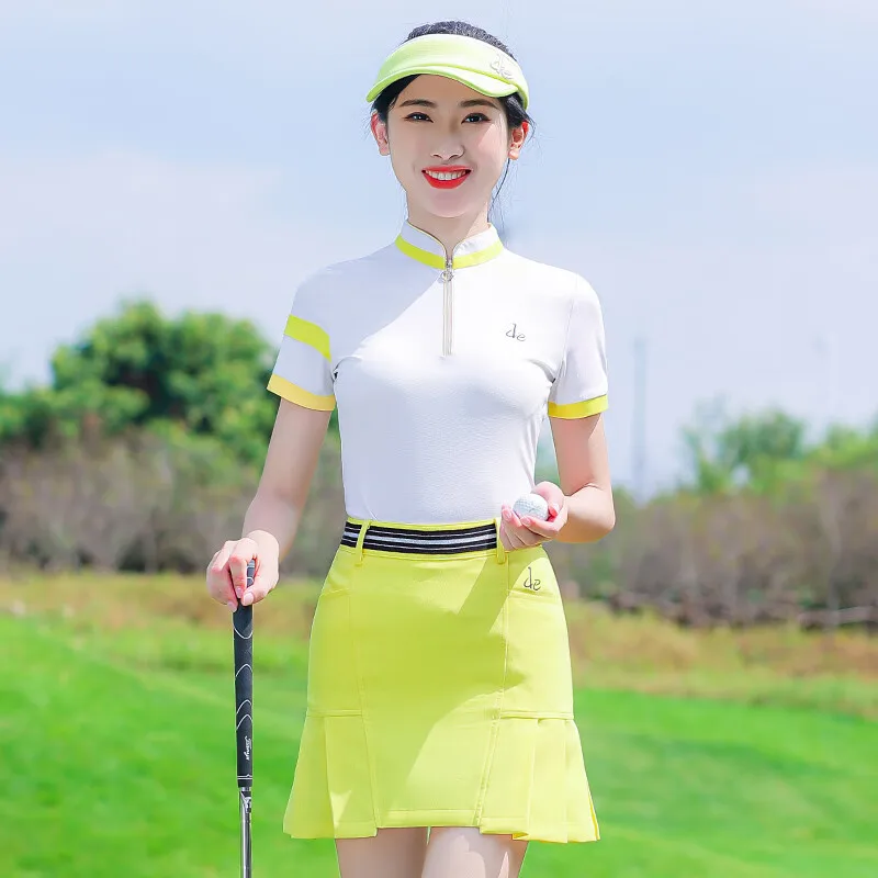 Golf Women's Clothing Set Spring Summer Short Sleeved T-Shirt Minimalist Color Matching Short Skirt Yellow Standing Collar