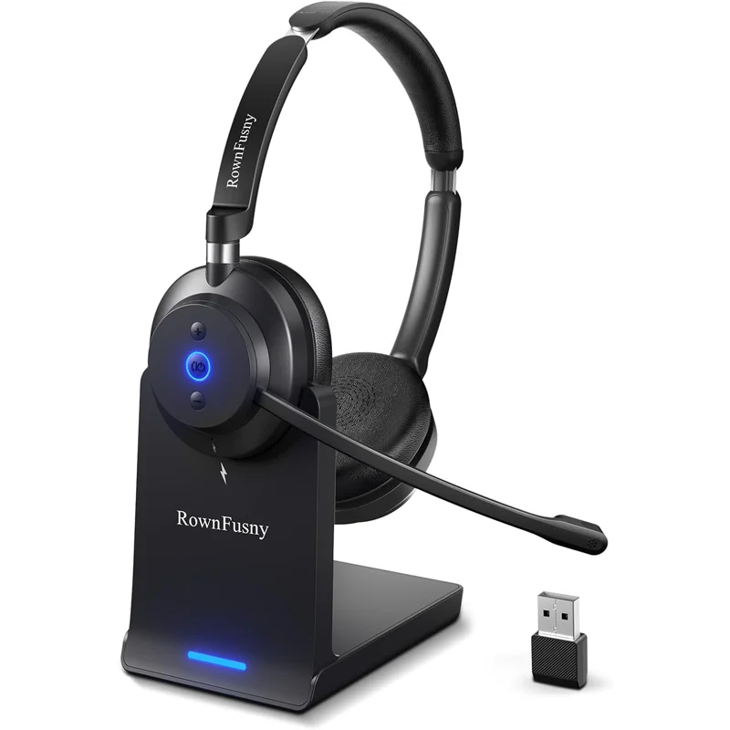 Auriculares Inalámbricos Rownfusny para Trabajo, Bluetooth y Dongle USB, Auriculares Supraaurales con Micrófono, Cancelación de Ruido y Silenciador para Call Center