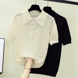 2024 Women Sweater Pullover Short Sleeve Fashion Polo Collar Solid Knitting T-shirt Loose Casual Sexy Hollow Out Sweaters ZL386