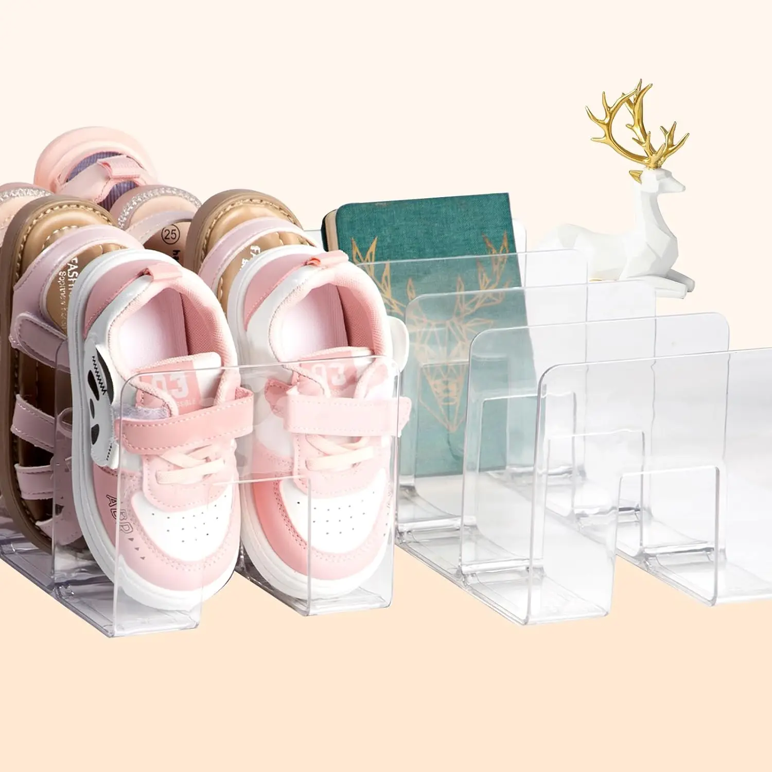 2PACK Clear Acrylic Kids Shoe Rack, Baby Shoe Storage Organizer Stackable Shoe Shelf, Desk File Sorter Book Purse Organizer