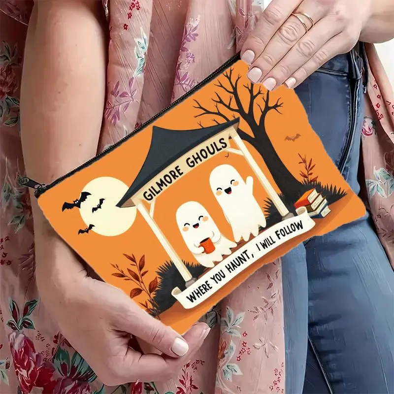 Gilmore Ghouls Cute Ghost Print Makeup Bag Featuring  Zipper Closure Ghost & Bat Halloween Cosmetic Organizer Gift
