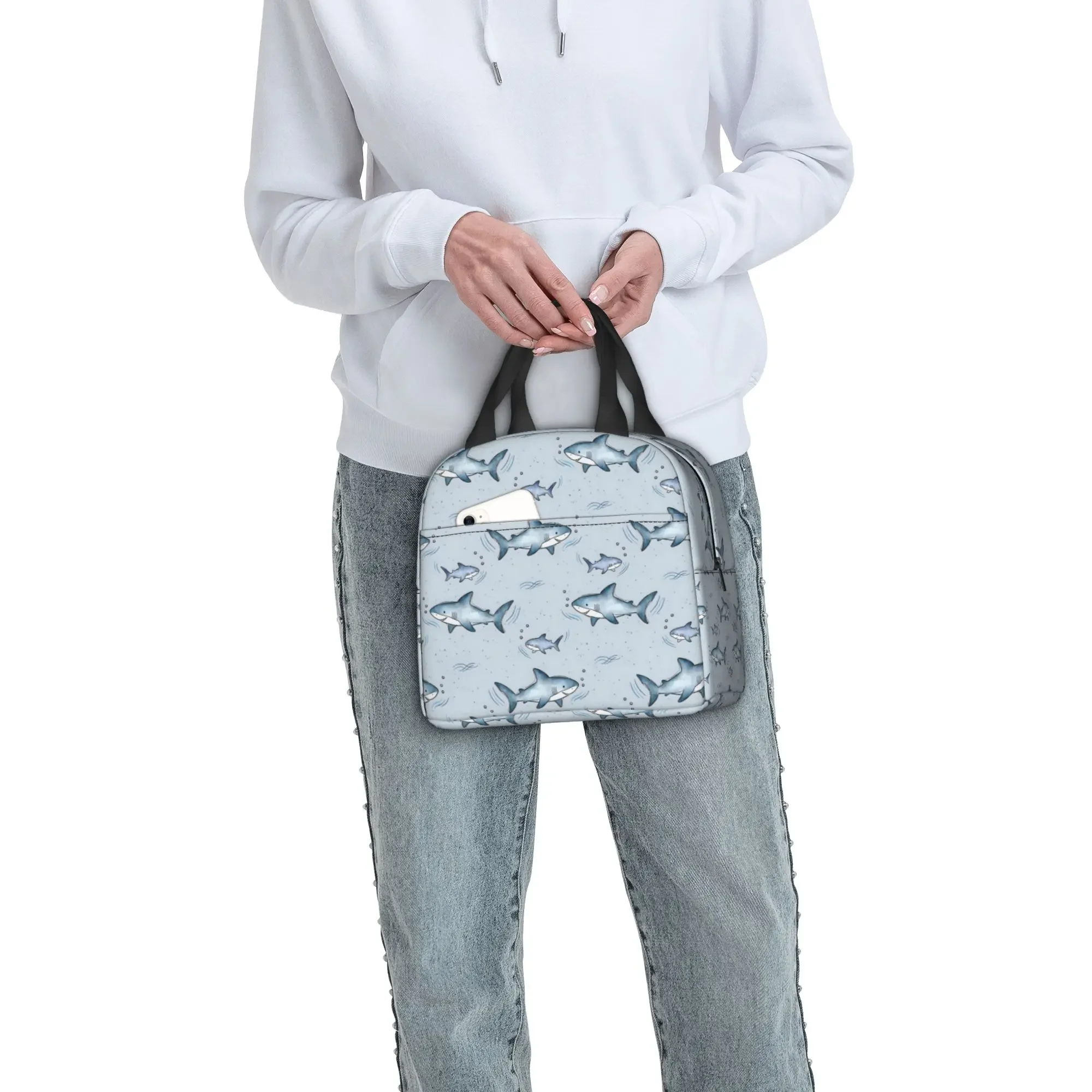 Blue Watercolour Shark Thermal Insulated Lunch Bag Cartoon Fierce Fish Portable Lunch Tote for School Office Outdoor Food Box