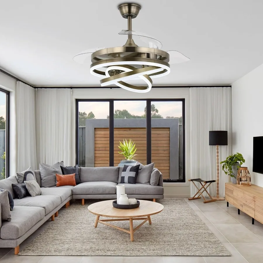 مروحة سقف قابلة للسحب مع أضواء مدمجة وجهاز تحكم عن بعد للاستخدام السكني الداخلي بتصميم 42 بوصة تتميز بـ 6 سرعات D #3