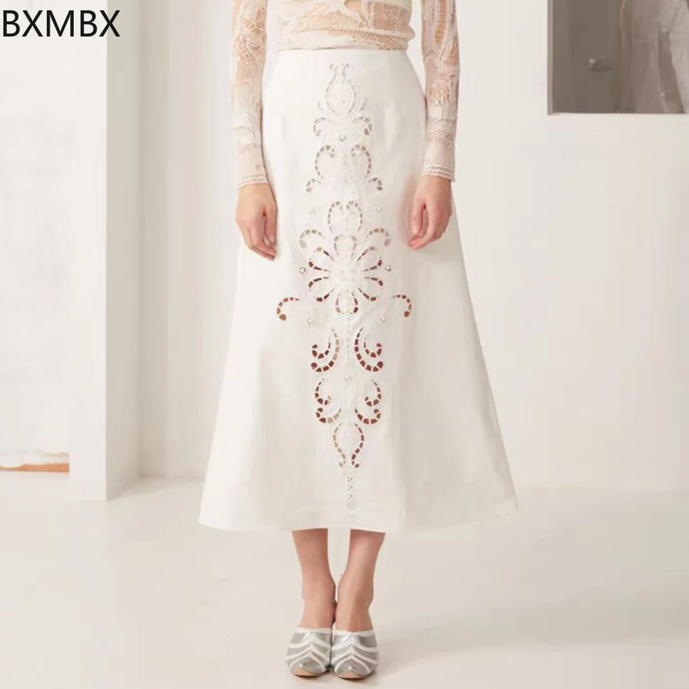

New Chinese skirt embroidery hollow design sense niche high waist elegant niche Chinese style long skirt