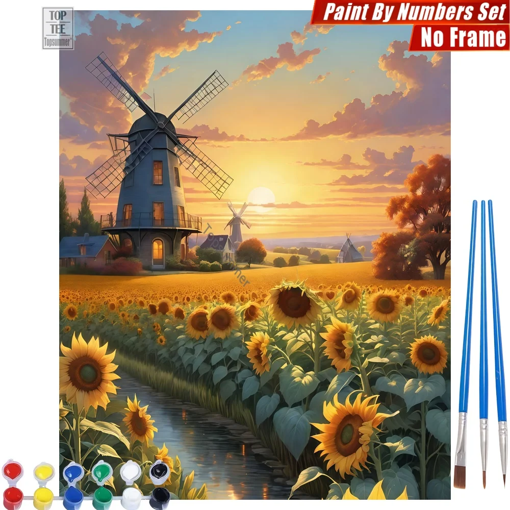 

Windmill sunflower field DIY Digital Oil Painting Set - Sunset peaceful beautiful Artistic Activities Halloween Gift For Grandma