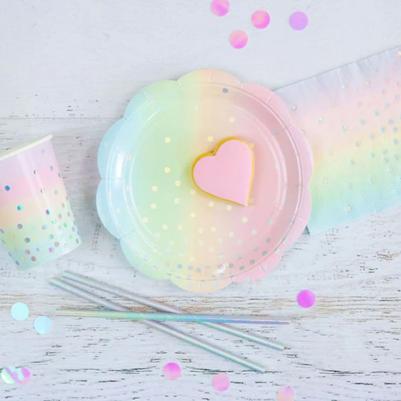 Rainbow Pink Birthday Party Decoration Disposable Tableware Paper Straws Plates Cups Kids Baby Shower Wedding Party Supplies