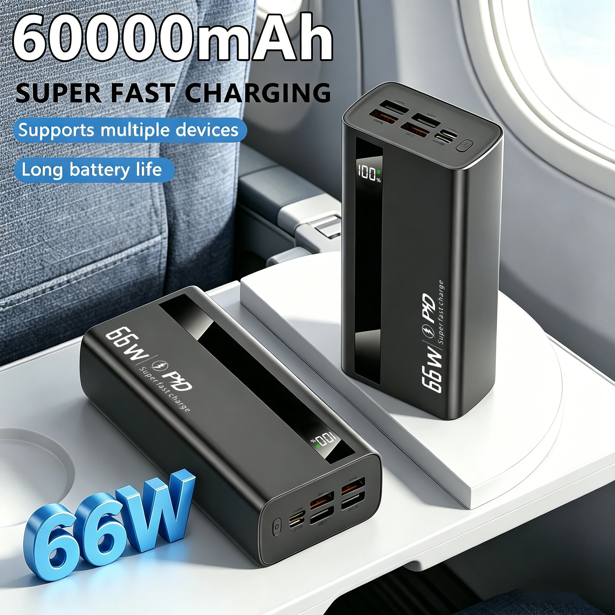 Un chargeur portable de 60000 mAh avec capacités de charge rapide, doté d'un écran numérique intelligent, fabriqué avec une technologie au lithium polymère, offre une grande capacité pour charger plusieurs appareils simultanément, idéal comme cadeau de vacances et pratique à transporter.