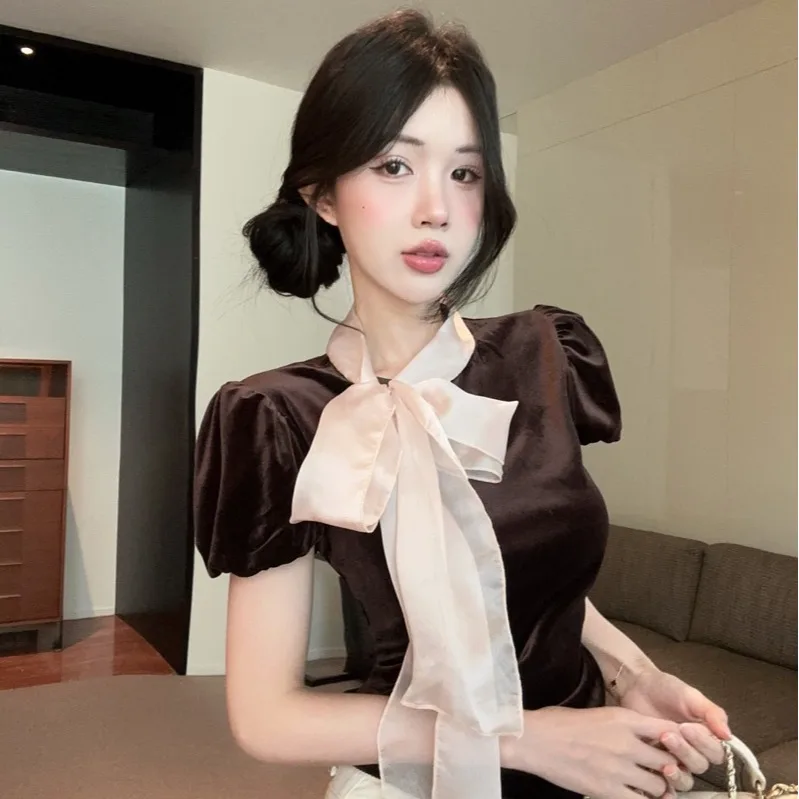 خريف شتاء جديد Sle المرأة irt القوس عقدة الساتان يشعر الطبقات الخصر تصميم سليم صالح ort Sve فقاعة Sve #2