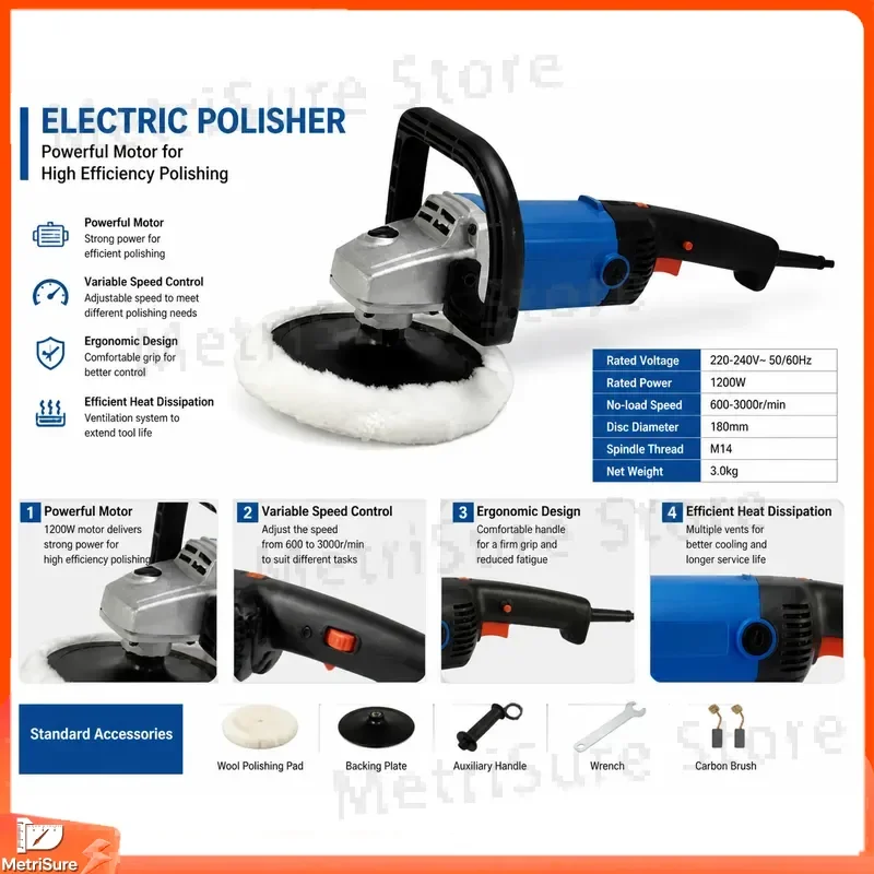 1400W 6-Speed Rotary Polisher 180mm Multi-Function Polishing for Car Paint Waxing Marble Tile Floor Concrete