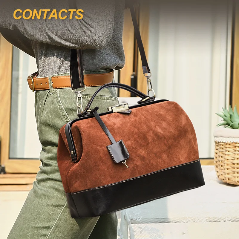 Genuine Leather Ladies Crossbody Bag with Lock Buckle Cowhide Fur Doctor Bag Set Mouth Women's Handbag