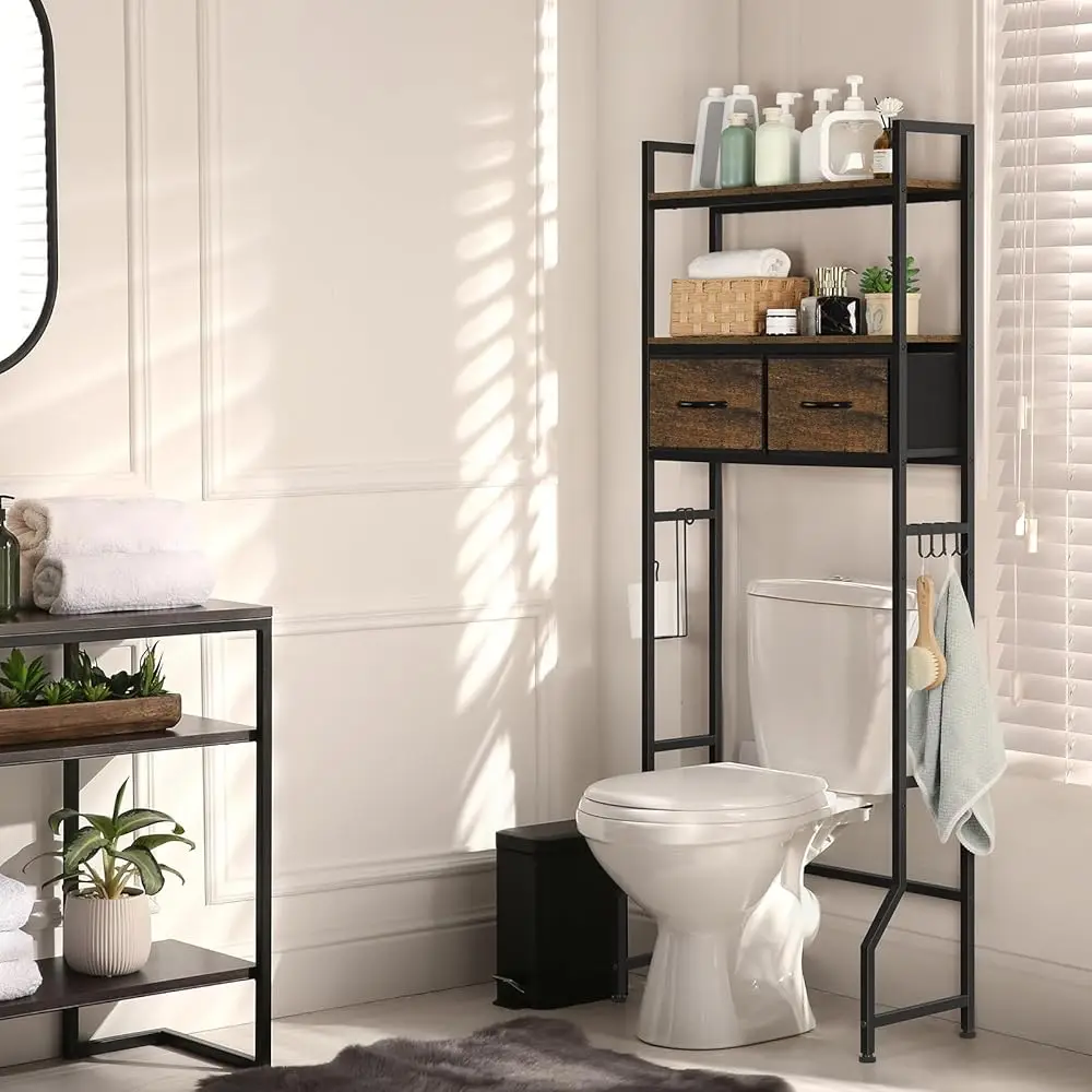 

Over The Toilet Storage Cabinet With Fabric Drawers Bathroom Storage Over Toilet Fit Most Toilets, Rustic Brown