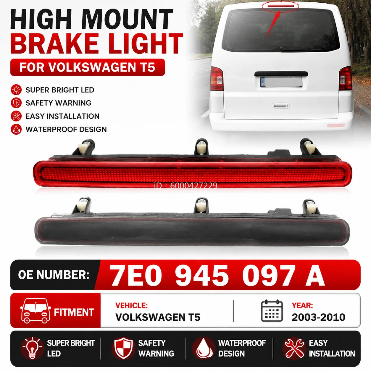 For 2003-2010 VW T5 T6 Auto LED Third Rear High Level Brake Light Tail Stop Lamp Transporter Multivan Caravelle 7E0945097A
