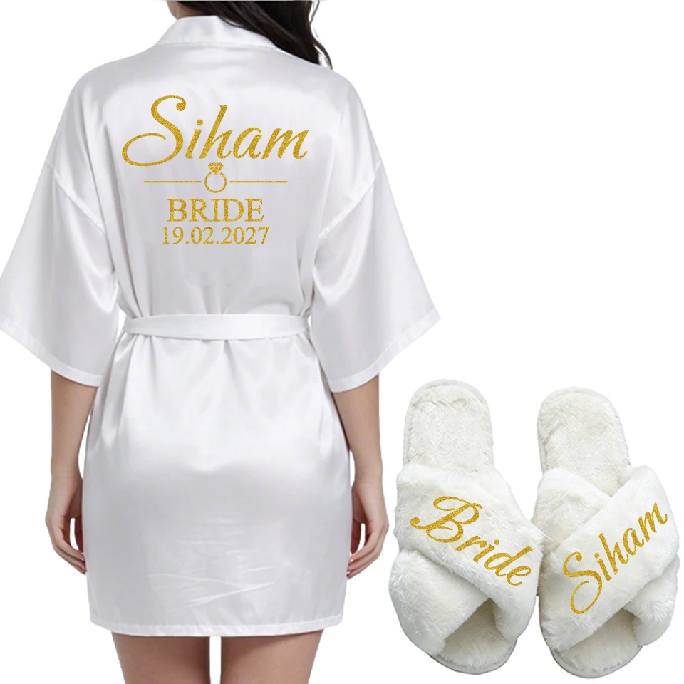 

Personalized Text Logo Bridal Robe - Wedding Bathrobe for Bride Bridesmaid Women Bachelorette Hen Party Elegant Robe