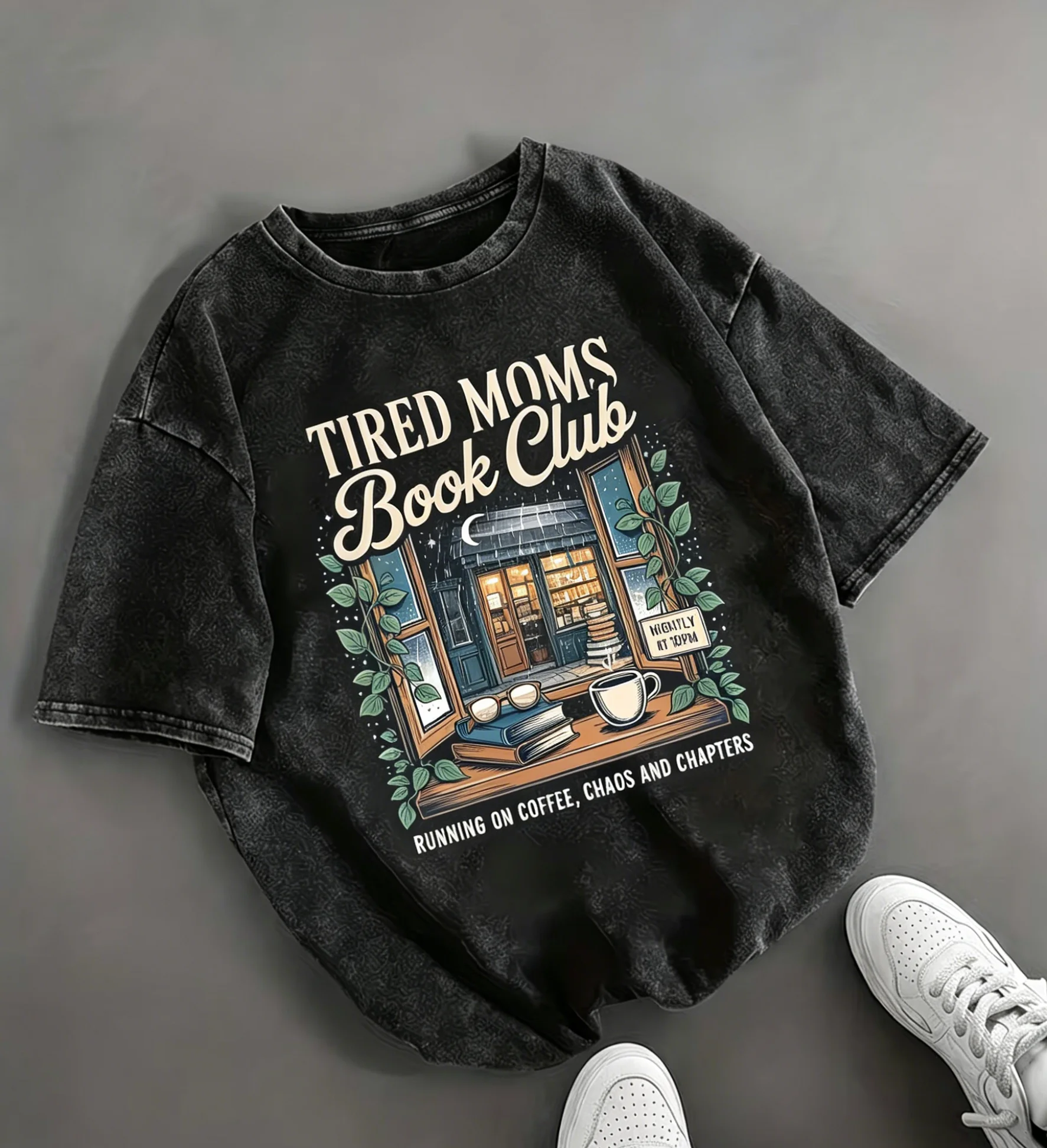 Vintage Acid Wash T-Shirt Tired Moms Book Club Graphic Tee Retro Streetwear Top Washed Cotton Casual Fashion Shirt