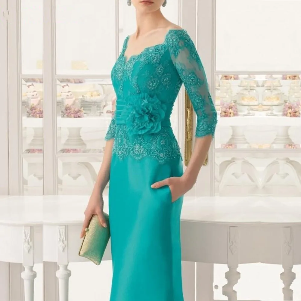 Gorgeous Teal Lace Full Length Mother of the Bride Dress With Off Shoulder Three Quarter Sleeves Wedding Guest Gowns Customized