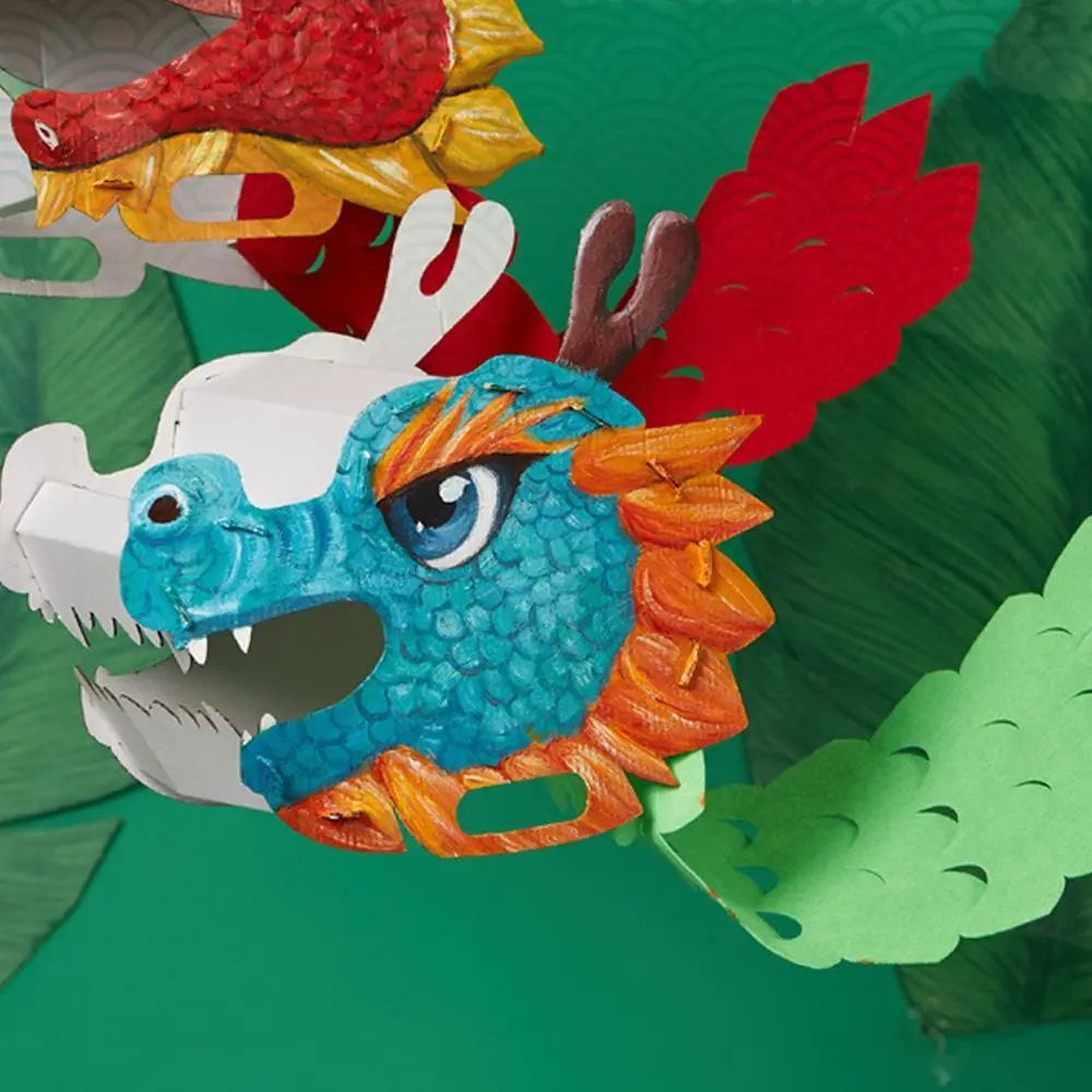 Simple Paper Chinese Dragon Head Mask 3D Traditional Dragon Boat Racing Toy DIY Handmade Dragon Dance Craft Kit New Year Decor