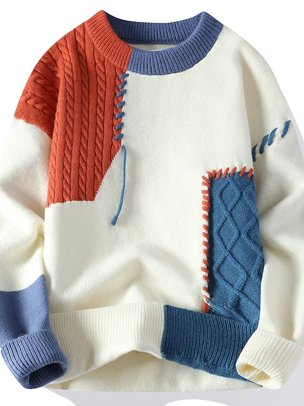 

Мужской свободный вязаный свитер с пэчворком и цветовыми блоками, теплый, повседневный, зимний, модный, брендовый, с удлиненными рукавами, круглым вырезом