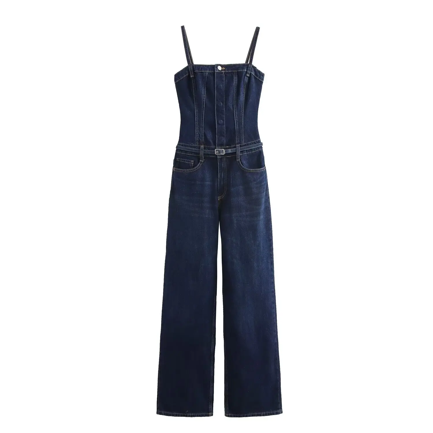 

​​TRAFZA Female Summer Elegant Jumpsuit Denim Sleeveless Backless Pockets Single Breasted Women With Belt Sling Jumpsuits Mujer