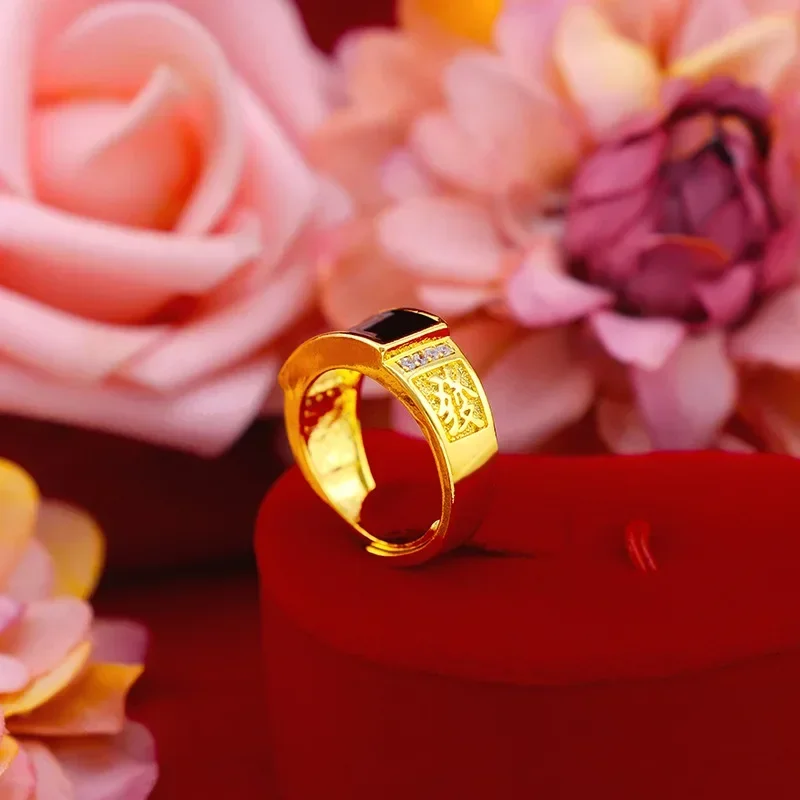 

9999 Real Gold 24K Pure Gold Men's Boss Ring Gemstone Green Hair Ring