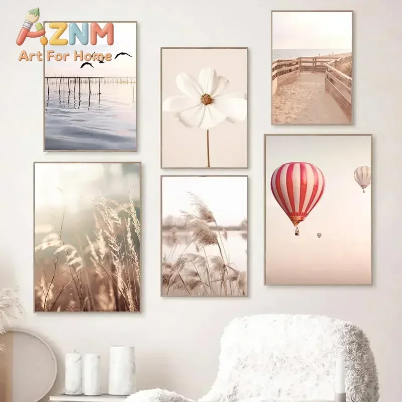 1pc Frameless Beige Landscape Wall Art Poster Bike Hot Air Balloon Pictures Orchid Dandelion Canvas Painting Nordic Prints Bedro