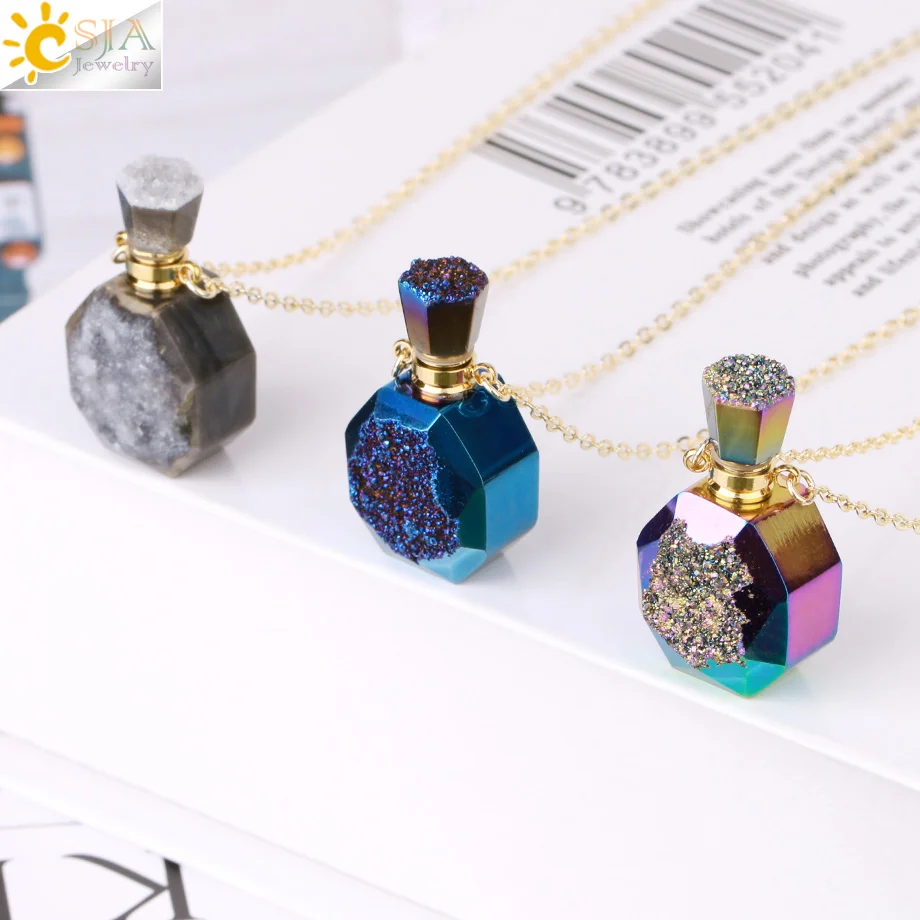 CSJA Natural Druzy Perfume Bottle Necklace Pendant for Women Drusy Crystal Necklaces Essential Oil Diffuser Luxury Jewelry H051