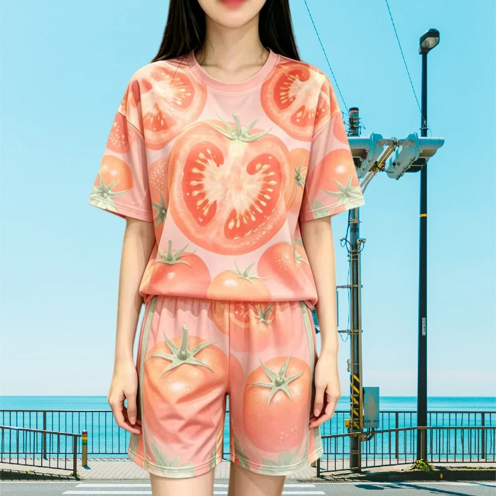 Cute Tomato Print Gradient Short Sleeve Set Thin, Breathable, Student Versatile, Sports Two Piece Set for Daily Use