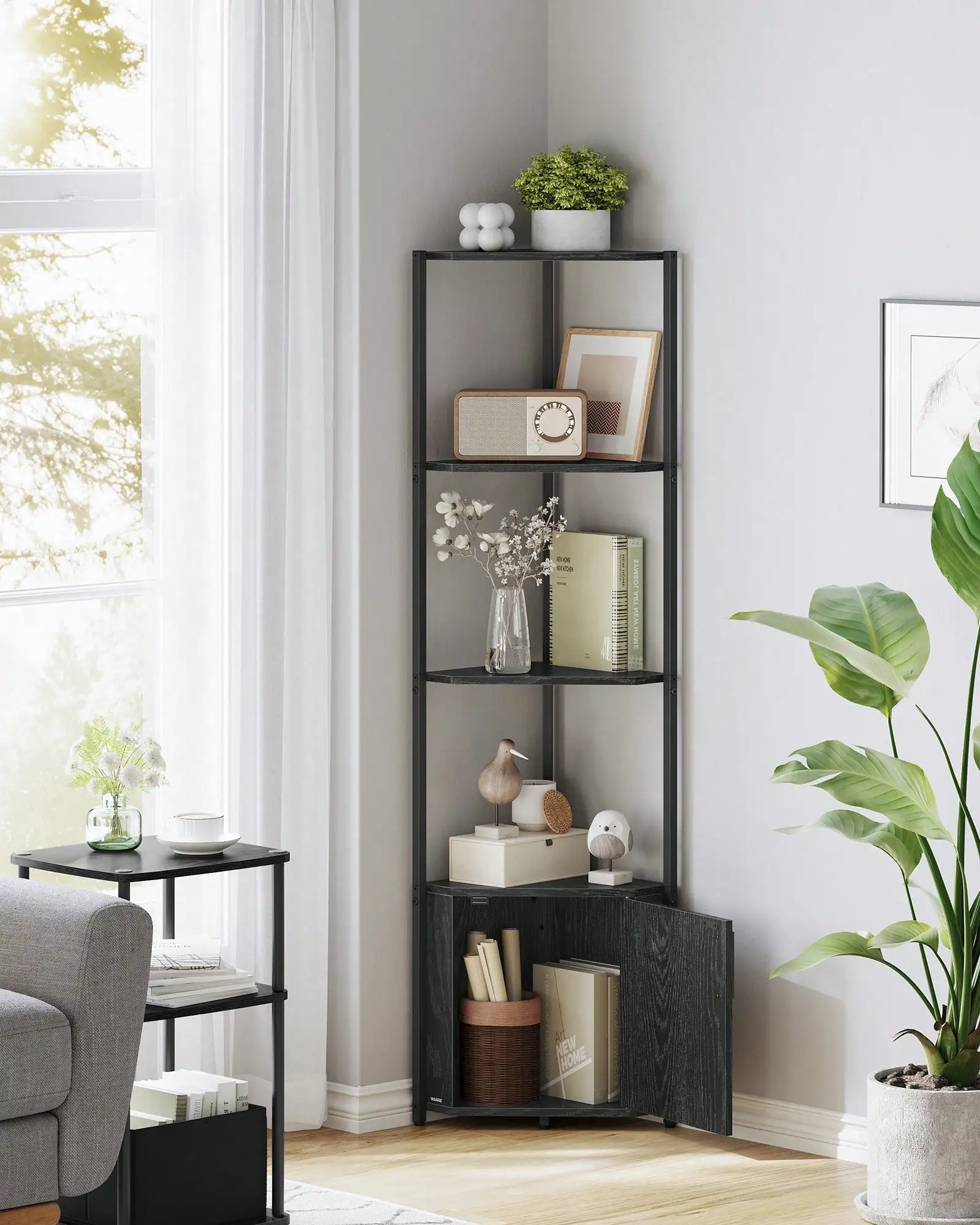 5‑Tier Corner Storage Cabinet, Freestanding Corner Shelving Unit with Storage, Space‑Saving Corner Storage Stand for Living Room, Kitchen and Bathroom