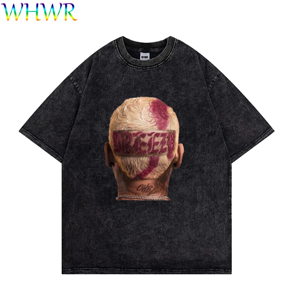 Rapper Vintage T-shirt Chris Brown Cotton T-shirts Y2k Washed Retro Short Sleeve Top Under The Influence Tour 2023 Breezy Tshirt