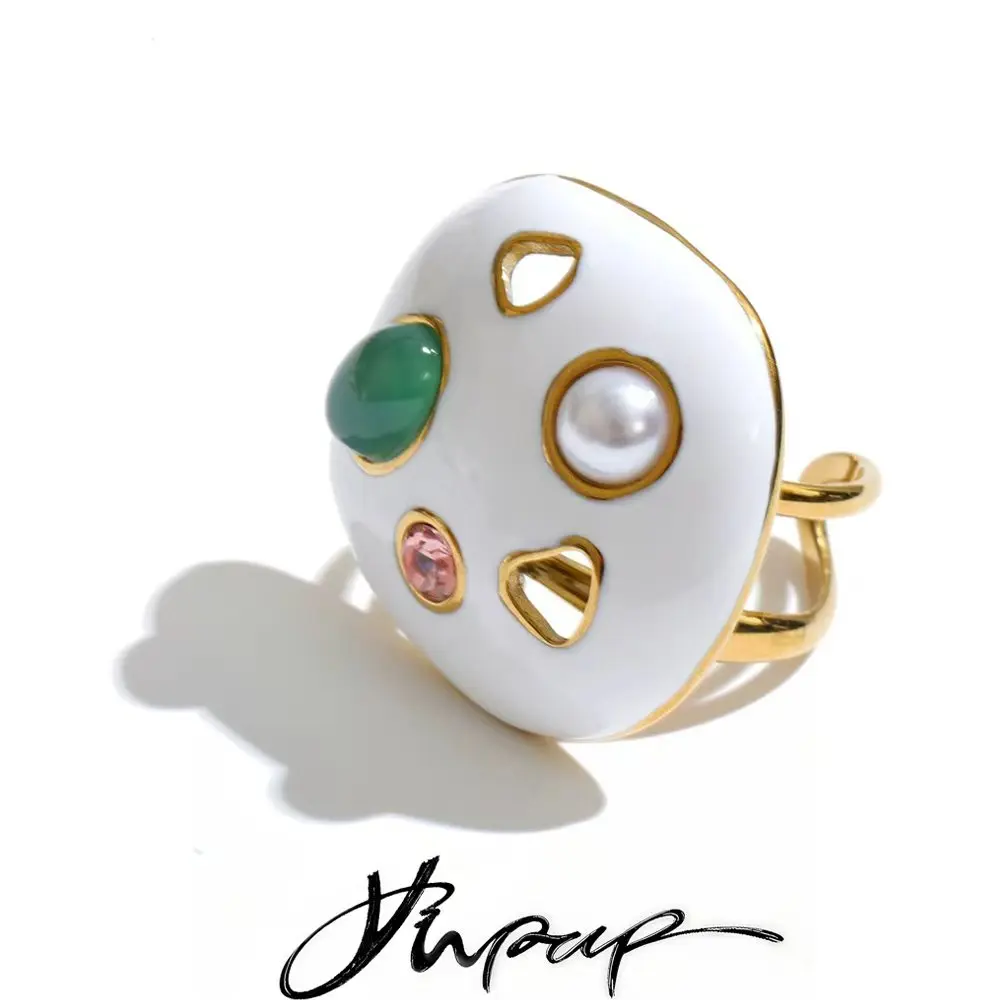 Yhpup Stainless Steel Adjustable Open Ring for Women Enamel Pearl Stone Stylish Unique Finger Summer Jewelry Accessories