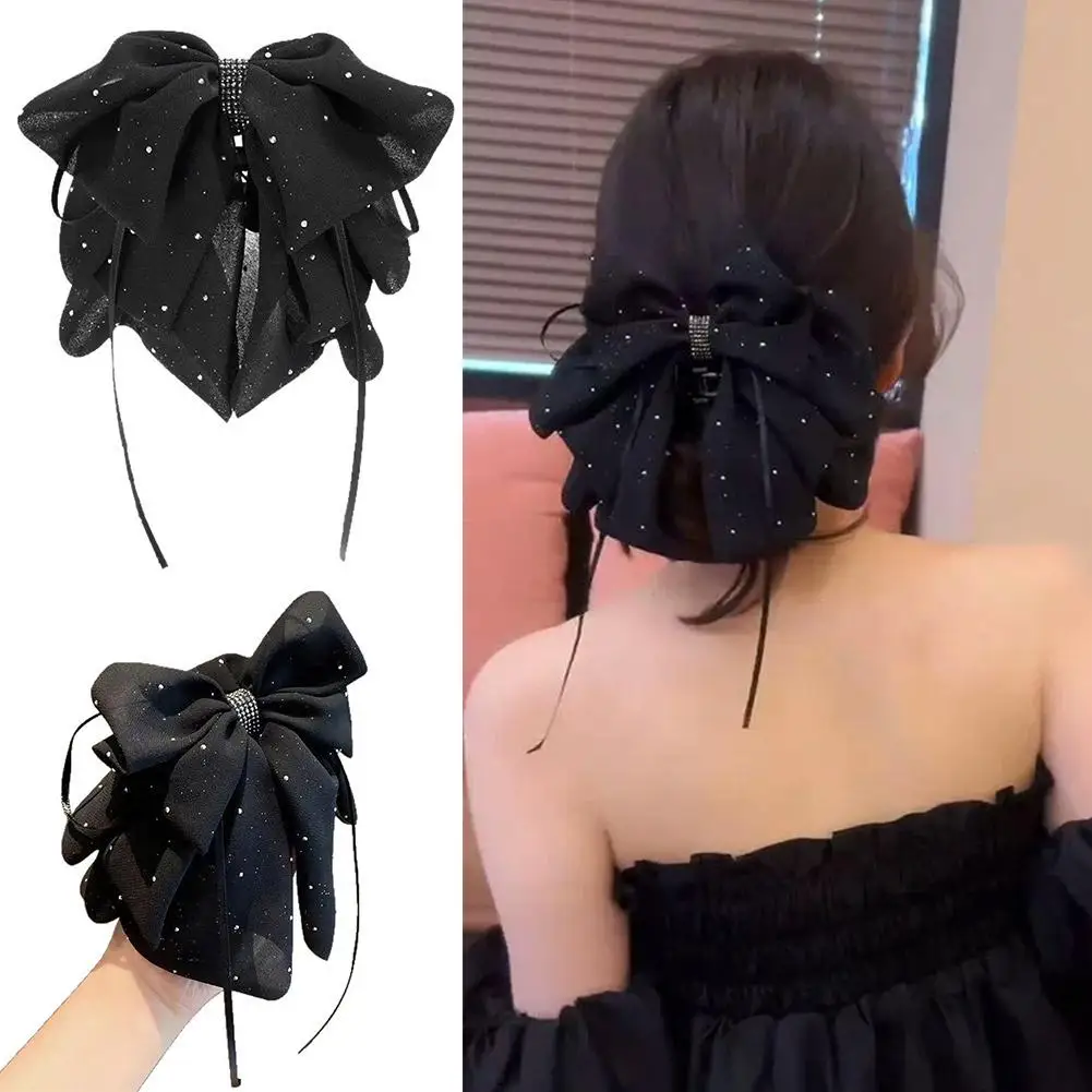 

Черный винтажный бант, заколка для волос, гипсофильная сетка, стразы, темперамент, кружевная заколка, аксессуары, заколка для волос, модный хвост F0M2