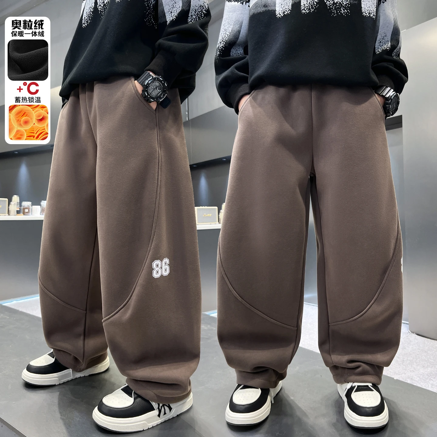 

Winter Thickened Fleece Boy's Pants Warm Casual Printed Letter Fleece Liner Thick Trousers Outdoor Thermal Warm Sweatpants 4-14Y