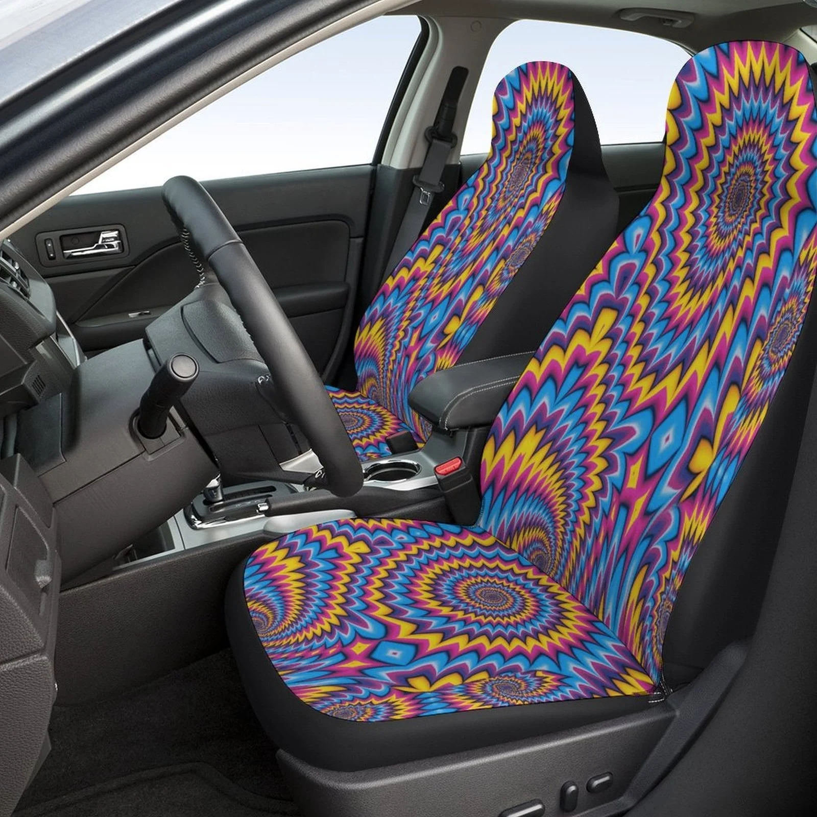 Set Of Car Seat Covers Featuring Psychedelic Swirl Designs, Suitable For A Variety Of Vehicles. These Stylish And High-Quality C