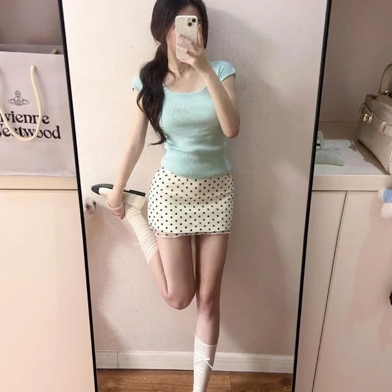 2026 New French College Style Wear Suit Women's Summer Mint Green Knitted Short-sleeved Top + Polka Dot Skirt, A Complete Set