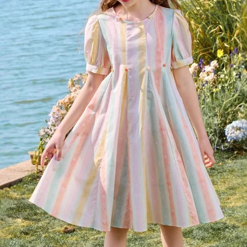 

2025 Summer Sweet Rainbow Color Western Style Short Sleeve Waist Children's Dress