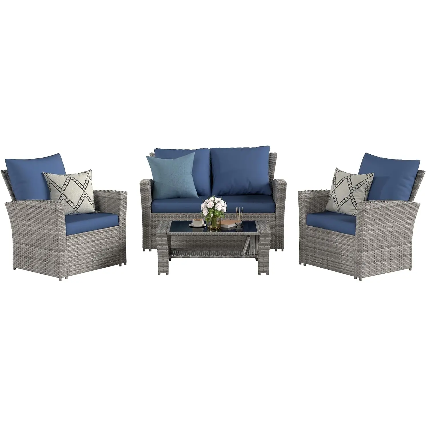 4 Pieces PE Rattan Patio Sofa Sectional Set for Balcony Porch Pool, Blue, Customized