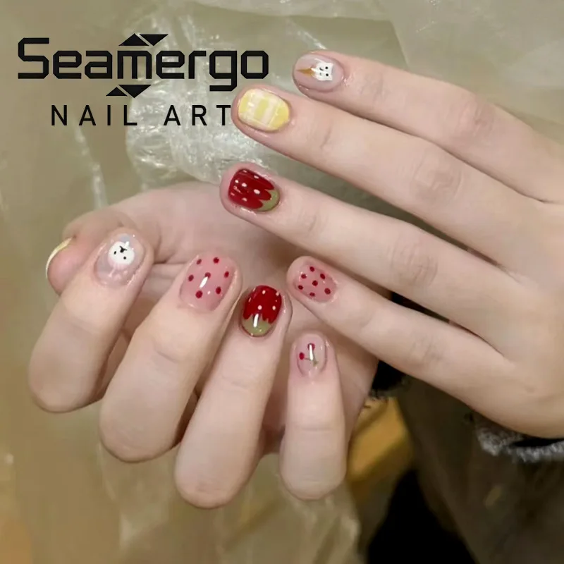 

24PCS Cute Cartoon Strawberry Cherry Short Square False Nails Red Polka Dot Fruit Press on Nails Yellow Plaid Acrylic Fake Nails
