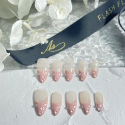 10Pcs Handmade Press on Nails Full Cover Dewdrop Pink French Design Medium Almond False Nails Wearable Manicure Nail Tips Art