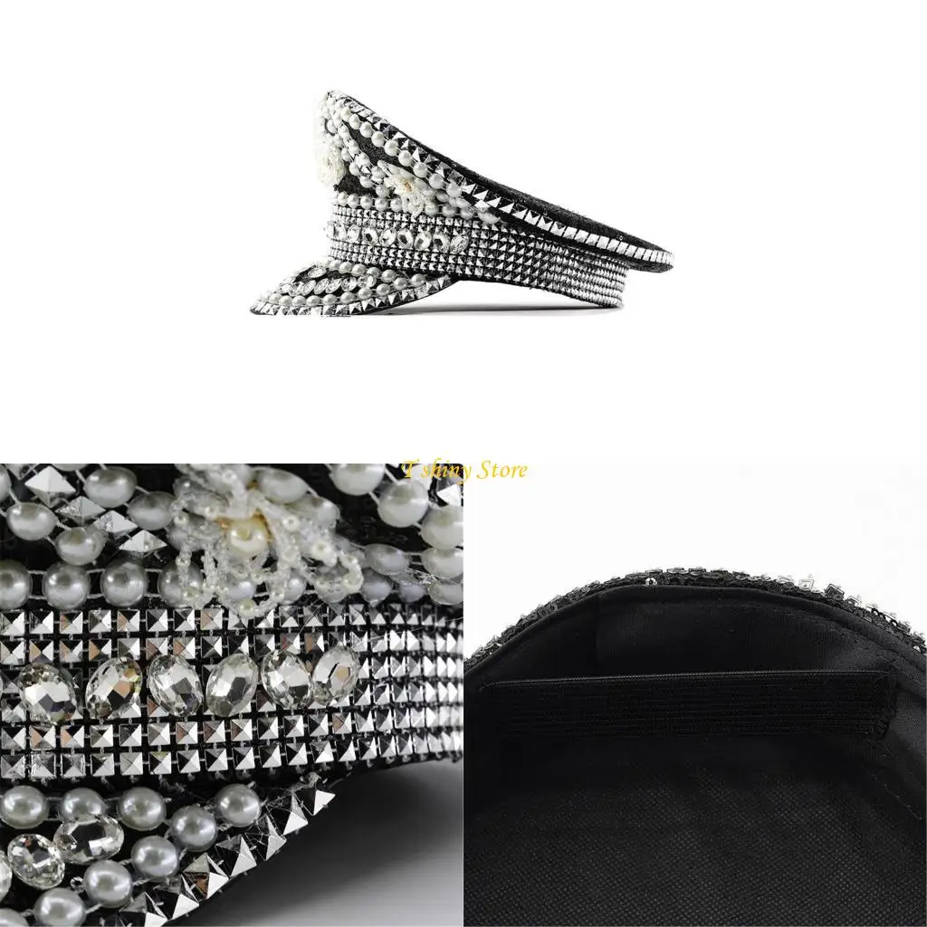 

N58F Bride Captain Hat Crystal Sailor Hat for Bachelorette Party Cocktail Parties Vacation Sparkly Crystal for Comedian