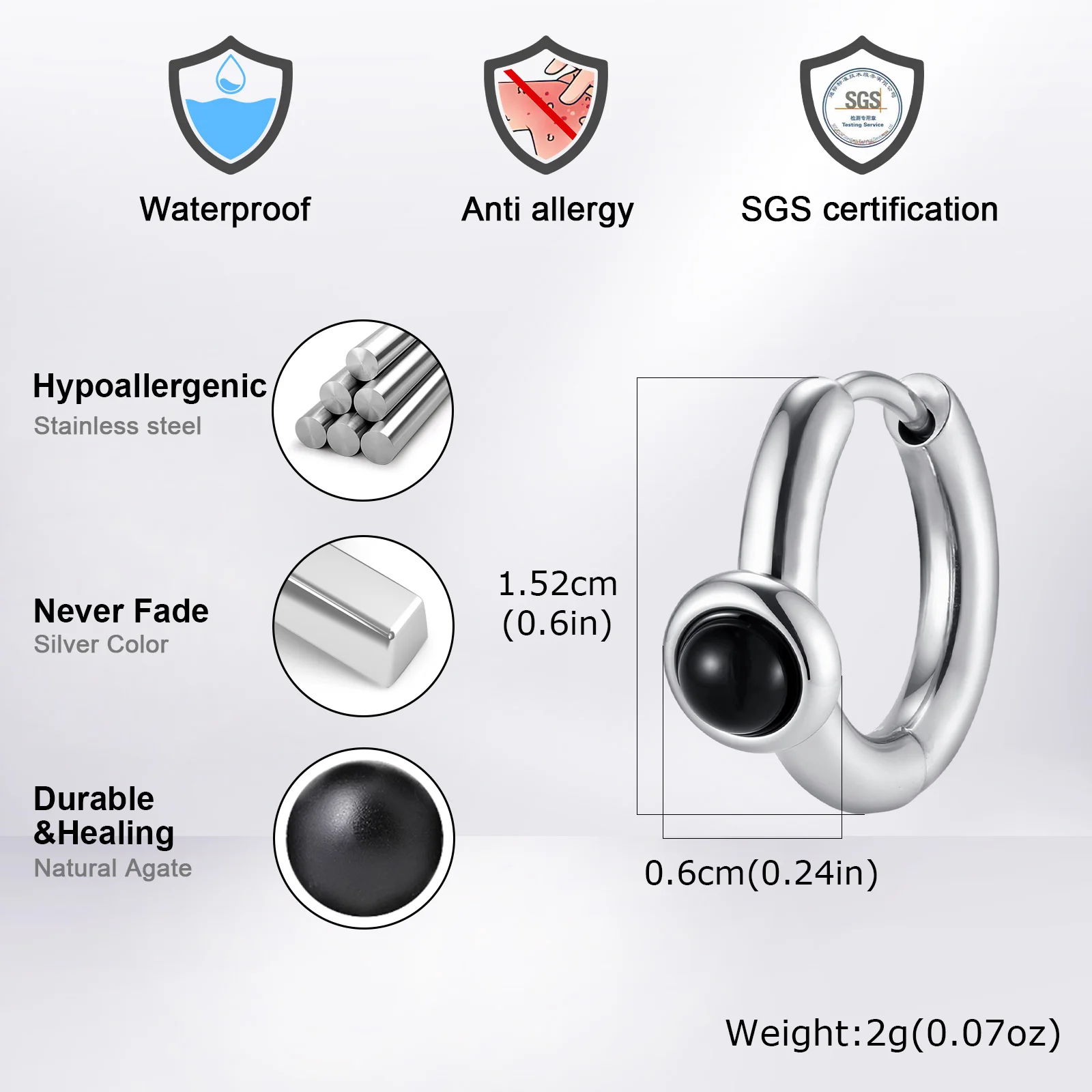 Vnox Men Stainless Steel Hoop Earrings, Natural Black Onyx Stone Huggie Earring for Pierced Ears, Punk Daily Wear Jewelry Gift