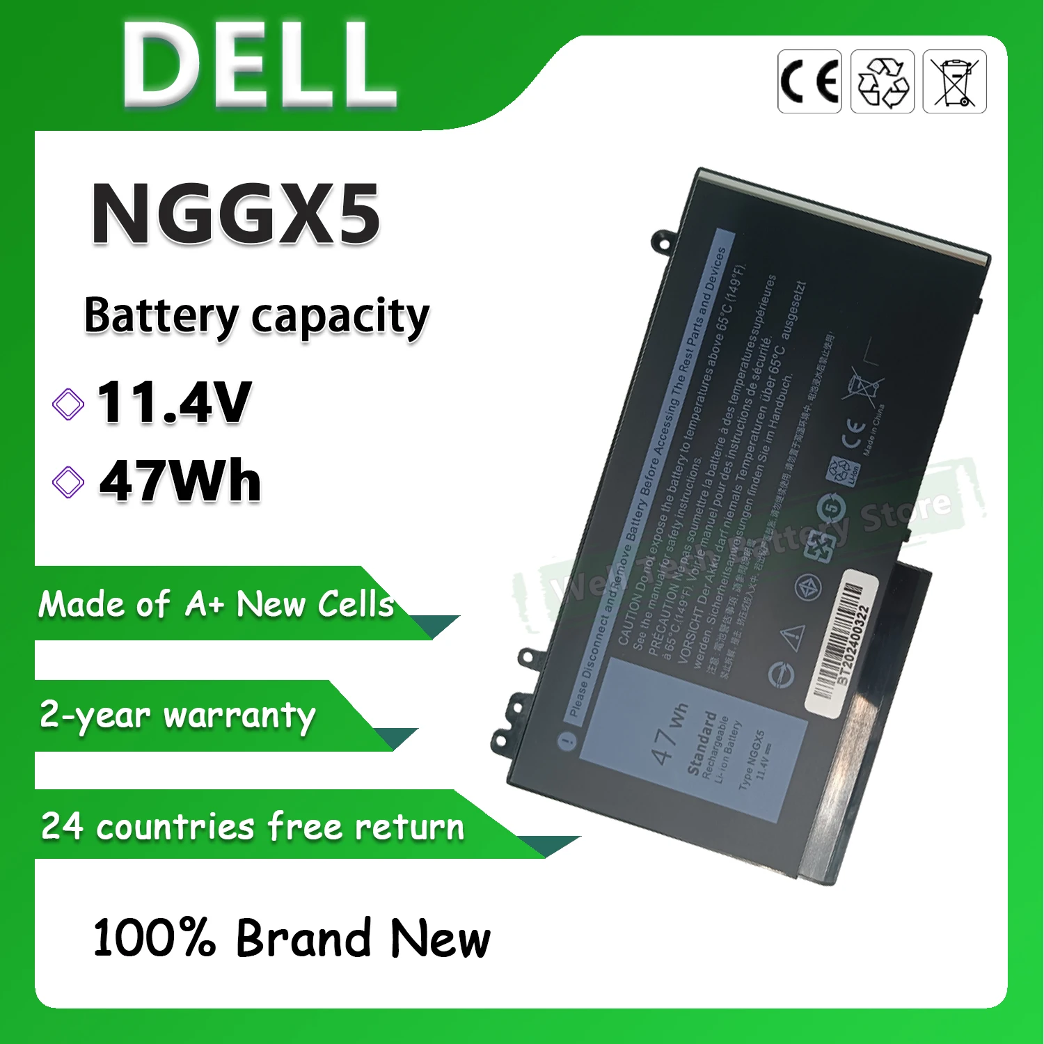 11.4V 47Wh NGGX5 Laptop Battery for DELL Latitude 12、12 5000、12-E5270、E5270、LATITUDE E5270 Series.