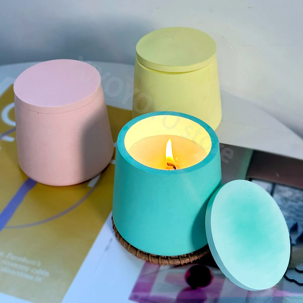 Round Candle Jar Concrete Silicone Mold Storage Box with Lid Plaster Resin Casting Mould Flower Pot Cement Mold Home Craft Decor