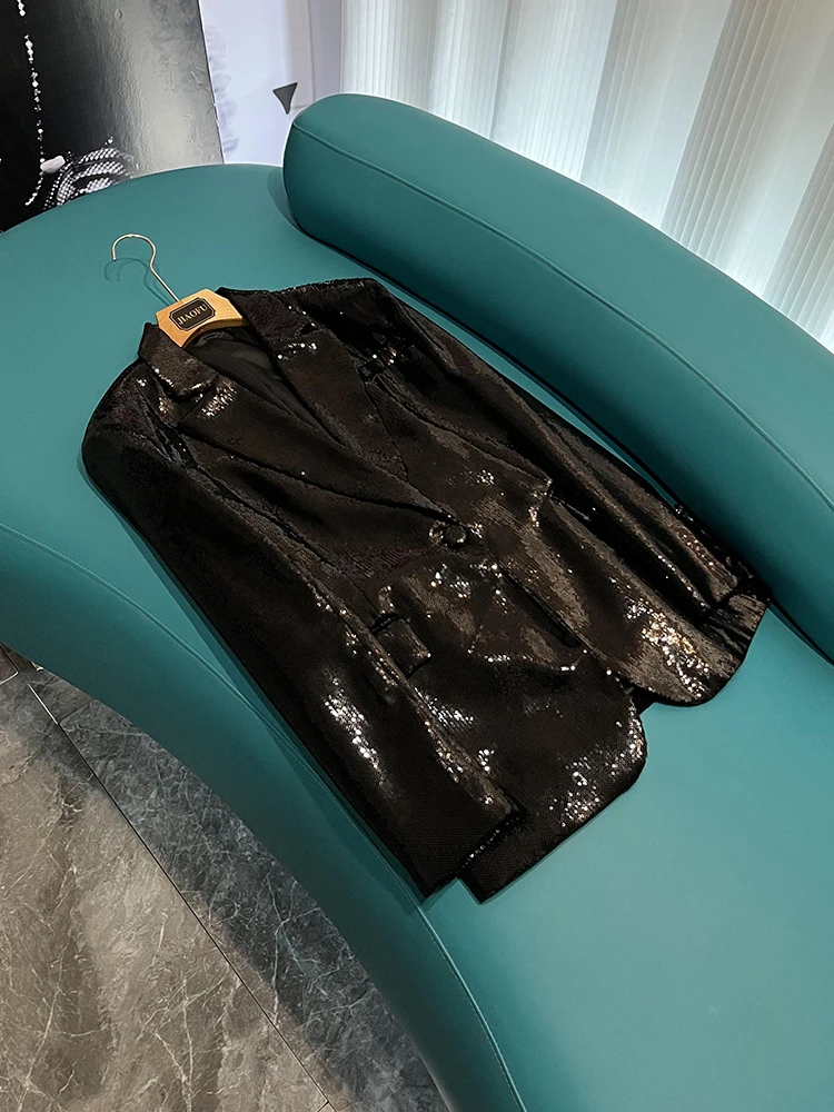 

Свободный костюм Star Faion с блестками и пайетками, джемпер средней длины, длинное пальто средней длины с лацканами на одной пуговице