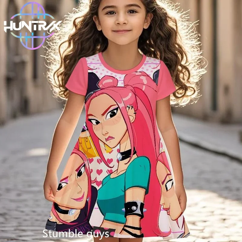 

Kpop Demon Hunters Kids Demon Dress Summer Cartoon Anime Pattern Short Sleeve Beach Outfit Casual Nightgown
