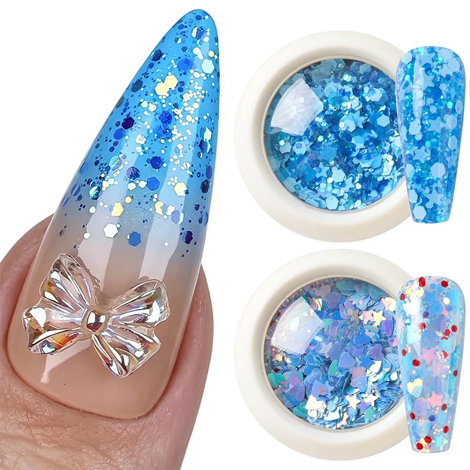 1/2pcs Blue Nail Art Sequins Hexagon Star Heart Holographic Chunky Nail Art Glitter Flakes Sparkly Confetti Manicure Decorations