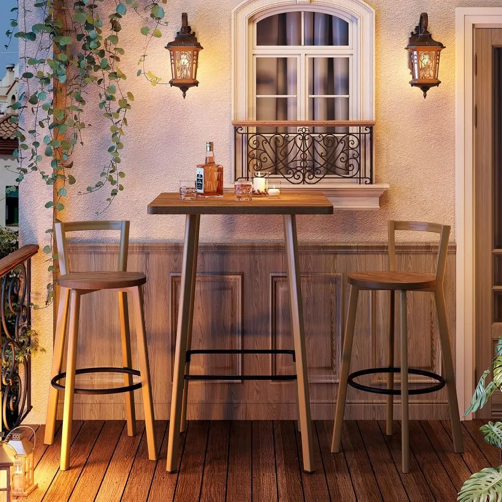 Juego de mesa y sillas de bar de color roble, mesa de pub de bistró cuadrada alta 39,4 con 2 sillas, mesa de altura de bar con reposapiés, ideal para