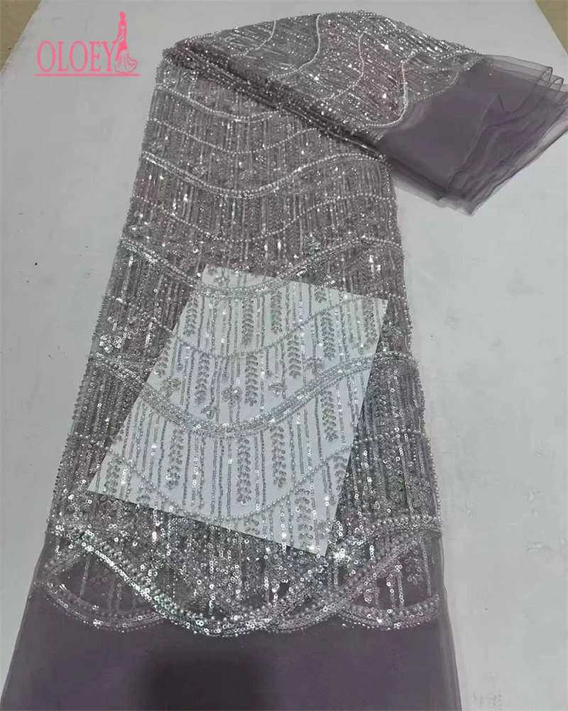 OLOEY Tessuto di pizzo con perline africane Tessuto di tulle francese di pizzo con paillettes nigeriane di alta qualità per abito da festa di nozze Sewin