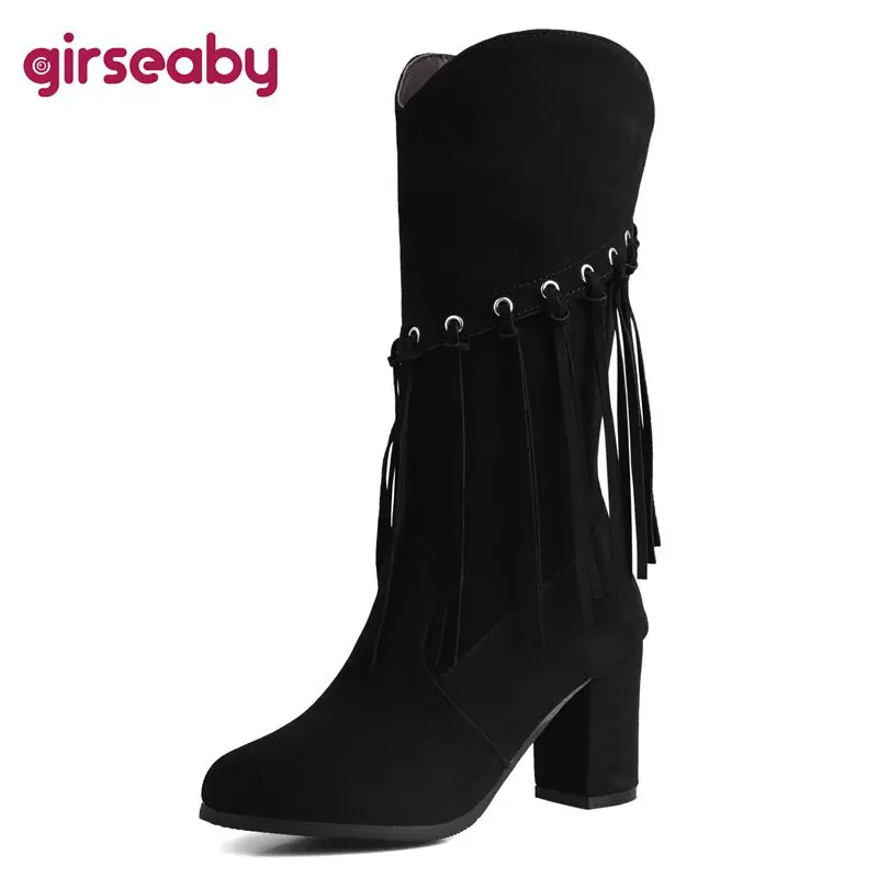 Girseaby 2024 Fashion Fringe Boots for Women Flock Suede Round Toe Block Heel 7.5cm Zipper Plus Size 50 51 52 Party Dating Bota